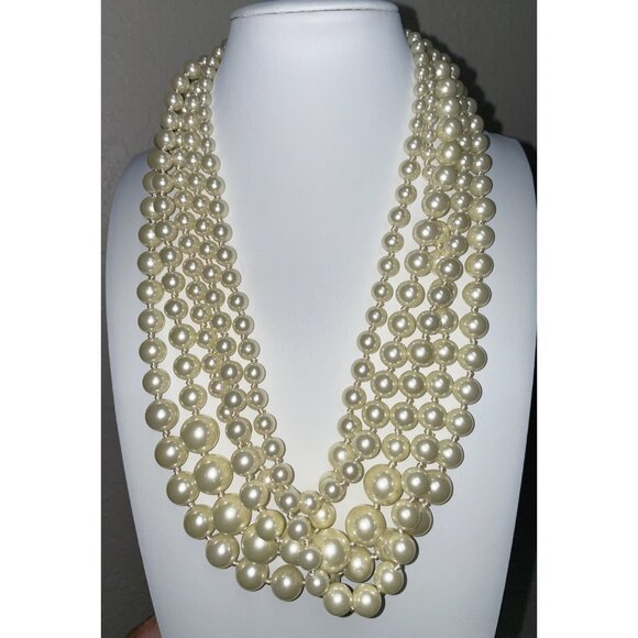 Vintage J Crew Five Strand Faux Pearl Necklace Graduated Beads Knotted 20 inches